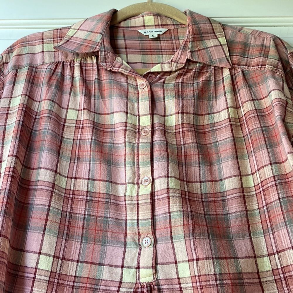 Pretty Plaid Popover Cotton Button Front Top By Max Studio - Picture 3 of 6